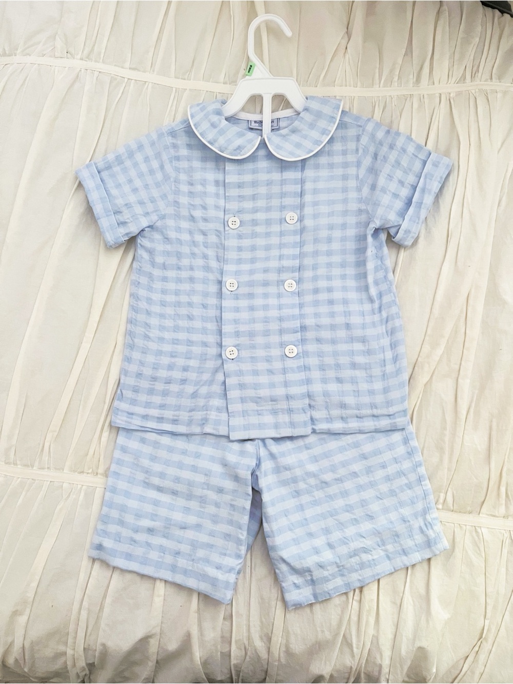 Kids Light Blue Gingham Set with Peter Pan Collar - Short Sleeve & Shorts